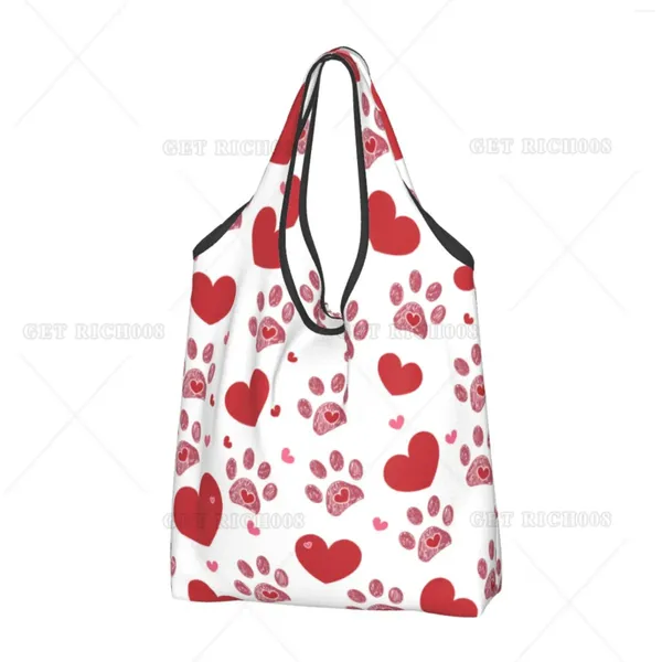 Bolsas de compras Patas de perro Corazones rosados Amante Día de San Valentín Bolsa ecológica Comprador plegable Sin cremallera Moda Reciclable Comestibles Talla única