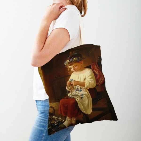 Bolsas de compras con estampado doble para mujer, pintura al óleo informal Medieval de Europa, bolso de compras de lona para niños, bolsos de estilo Vintage