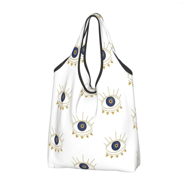 Bolsas de compras Ojos malvados Bolsa dorada y azul Tote plegable Comestibles Reutilizable para mujeres ecológicas al aire libre Lindas