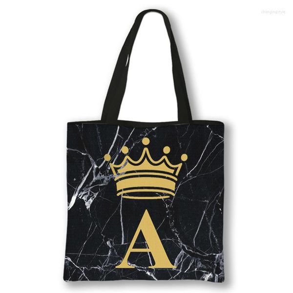 Bolsos de compras moda negro mármol corona letras A/Z impresión bolso mujer para viaje dama de honor señoras bolso plegable