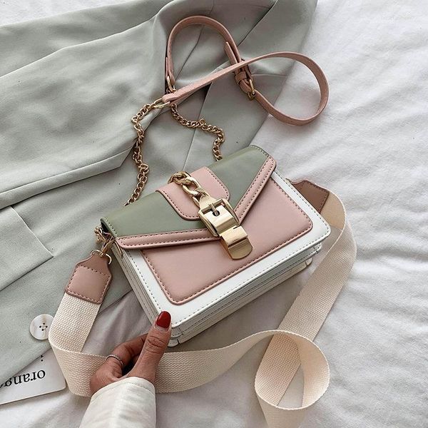 Bolsos de compras Cadena de moda Lady Sling Bag Paneled Color PU Leather Crossbody para mujeres 2023 Correa ancha Shoulder Messenger Ladies