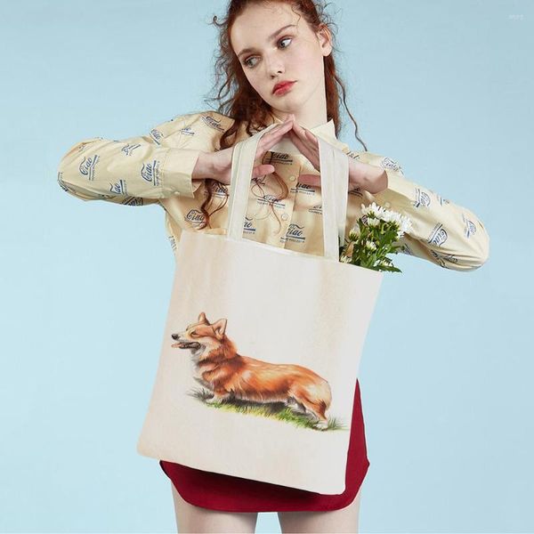 Sacs à provisions mode chien Yorkshire Husky toile sac à main réutilisable aquarelle dessin animé Animal fourre-tout décontracté sac à bandoulière pour les femmes