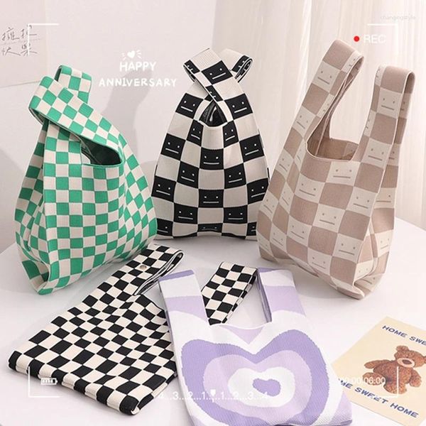 Sacs à provisions Fashion Tricot à main sac à main Sac de bracelet décontracté largement Stripe Plaid fourre-tout pliable Eco Rangement d'épicerie réutilisable