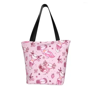 Sacs de courses en toile réutilisables, fourre-tout à motif imprimé Kawaii Axolotl, sac à bandoulière en forme d'animal salamandre