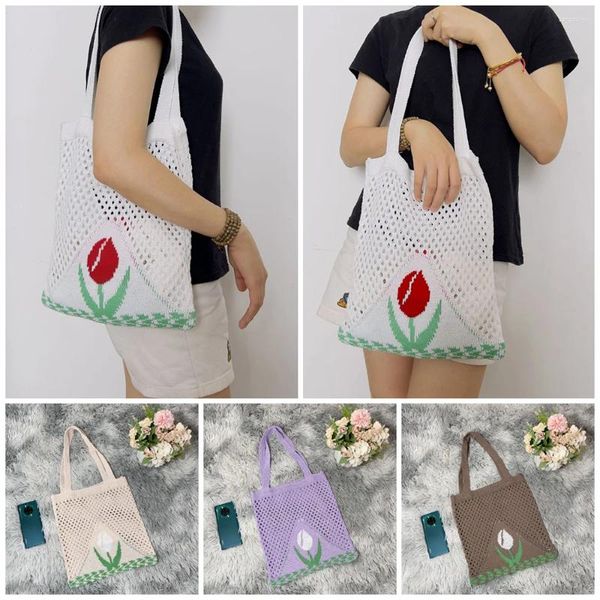 Bolsas de compras Moda Tulipán Patrón Bolso de hombro Bolso de punto vintage Mano Hueco Suéter Señoras Viajes Gran capacidad Playa