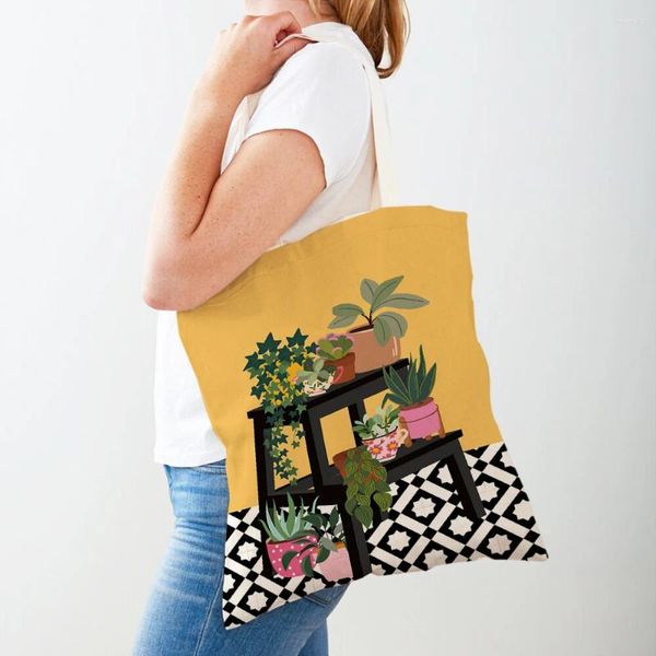 Bolsas de compras Florero de moda Monstera Aloe Bonsai Mujeres Doble impresión Casual Shopper Bag Lady Canvas Tote Leaf Travel Bolsos