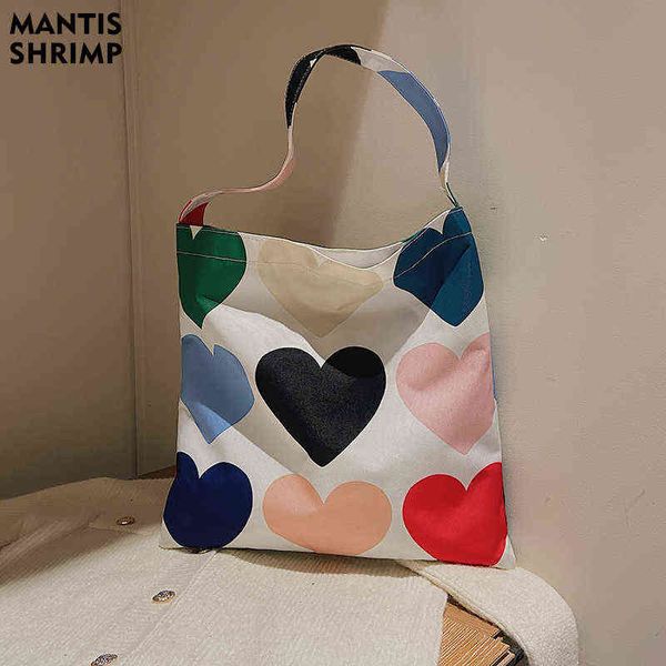 Bolsos de compras Mujer Eco Canvas Tote Love Hearts Patrón Bolsos Reutilizable Hombro Diseñador Casual para Mujeres 220307