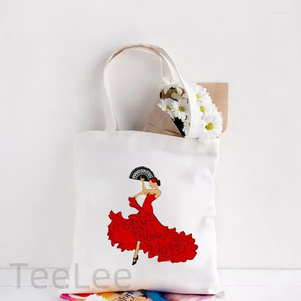 Bolsas de compras Flamenco lienzo bolso grande de hombro impresión Flamenca España Sevilla Sevilla reutilizable comestibles bolsos grandes para mujer