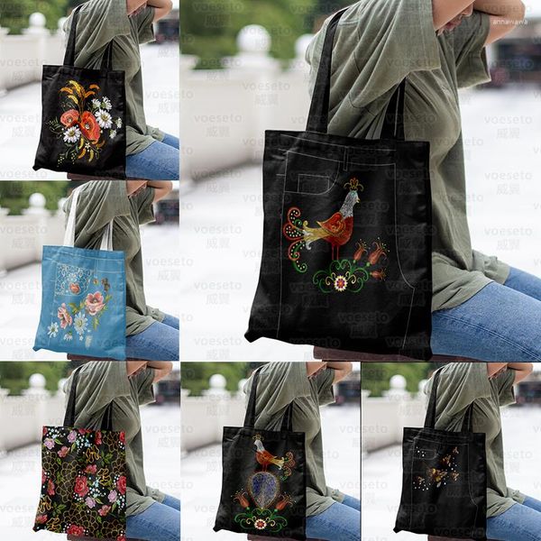 Bolsas de compras Flor Estética Serie Gallo Retro Ir Para Supermercado Mujer Bolsos Eco Lona Tote Reciclaje