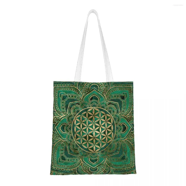 Bolsas de compras Flor de la vida en loto malaquita y oro bolso de hombro femenino Mandala lienzo estético bolso de alta capacidad