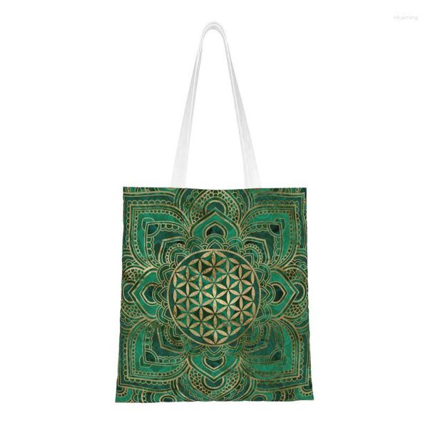 Bolsas De Compras Flor De La Vida En Loto Geometría Sagrada Lona Shopper Tote Bolso De Hombro Mandala Bolso De Meditación Espiritual