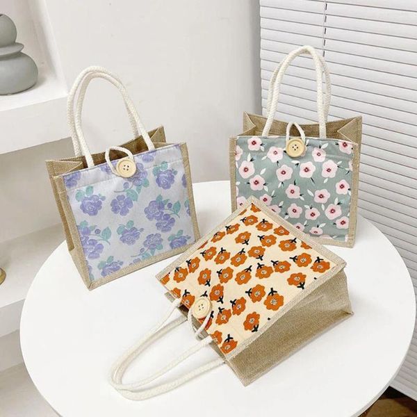 Bolsas de compras con estampado de flores para mujer, bolso de arpillera de lino, bolsos de compras de lino, bolsos de playa de verano, bolso con asa de calidad ecológico portátil