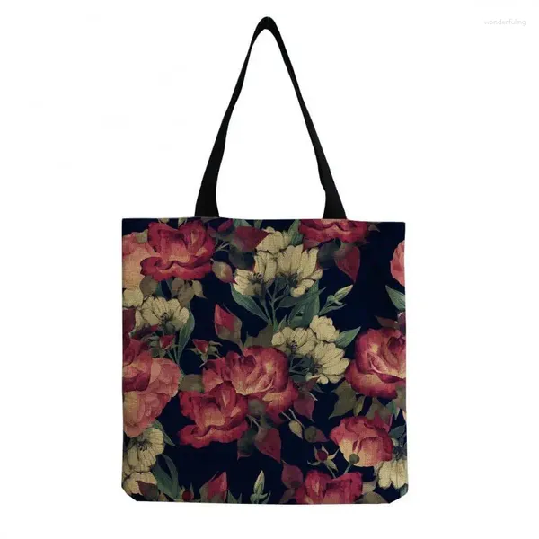 Bolsas de compras bolsas estampadas de flores lino de algodón reutilizable mujer de hombro floral comprador plegable bolso al por mayor
