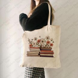 Boodschappentassen bloemen boekpatroon draagtas canvas schouder voor dagelijkse bookworm minnaar cadeau dames herbruikbaar