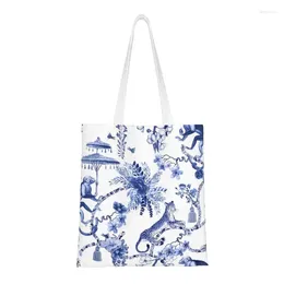 Boodschappentassen grappige speelse Menagerie blauw en witte chinoiseire patroon totte porselein canvas boodschappen shopper schoudertas