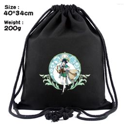 Bolsas de compras Juego Genshin Impacto Impresión Bolsa con cordón Mochila casual Lienzo Cosmético Stringbag Niños Niñas Negro Playa Zapatos de viaje Bolsa