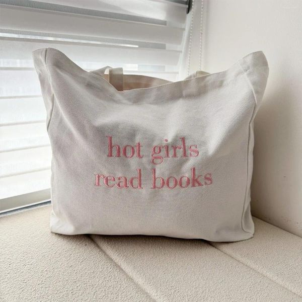 Bolsas de compras niñas lee libros cartas de impresión bordada lienzo de algodón hombro vintage damies street reutilizable