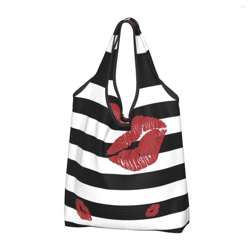 Sacos de compras glitter lábios vermelhos feminino casual bolsa de ombro grande capacidade tote armazenamento portátil bolsas dobráveis