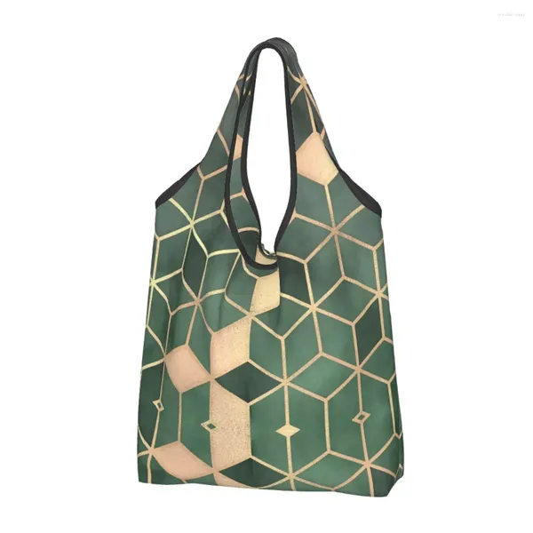 Sacs de courses Cube dégradé vert émeraude doré, fourre-tout d'épicerie pliable, grande capacité, recyclage, sac à main lavable