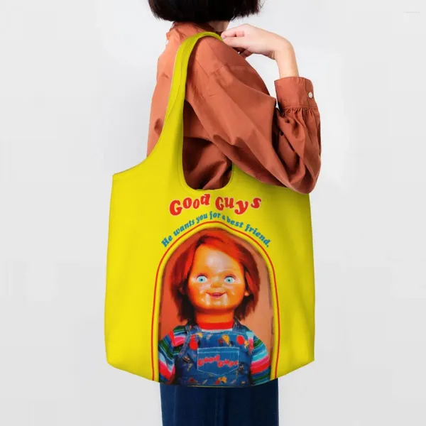 Bolsas de compras Good Guys Chucky Groceries Tote Mujeres Kawaii Child's Play Doll Canvas Shopper Hombro Bolso de gran capacidad