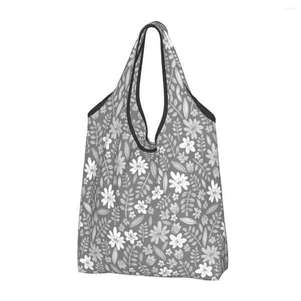 Bolsas de compras Gris Blanco Floral Reutilizable Comestibles Plegable Capacidad de peso de 50 libras Bolsa ecológica Ecológica Liviana