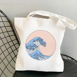 Bolsas de compras, bolso de lona con impresión de gran ola, creatividad personalizada, un hombro, bolso de compras de mano a la moda para estudiantes