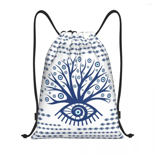 Bolsas de compras Griego Evil Eye Tree Mati Mochila con cordón Mujeres Hombres Gimnasio Deporte Sackpack Matiasma portátil en bolsa turca blanca Saco