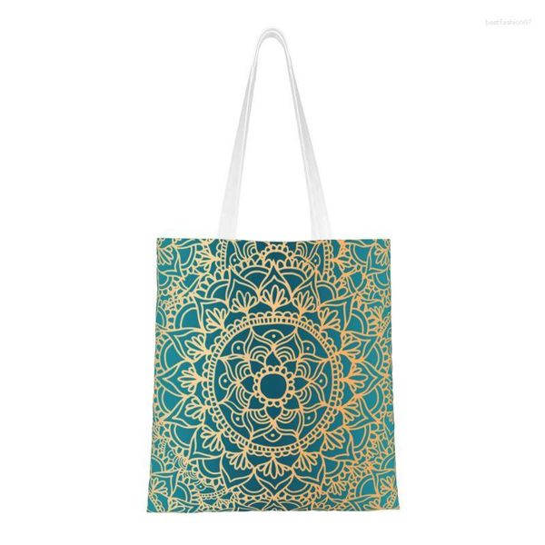 Bolsas de compras Bolsa de mandala verde y dorado Bolsa para mujeres Lienzo Tote Durable Buddha Budismo Flower Grocery Shopper