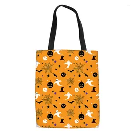 Sacs à provisions Halloween Grand sac fourre-tout Pumpkin Ghost Skull Bat Design Femme Sacs Shoppings Fashion Bolsa Reutilizable Lino