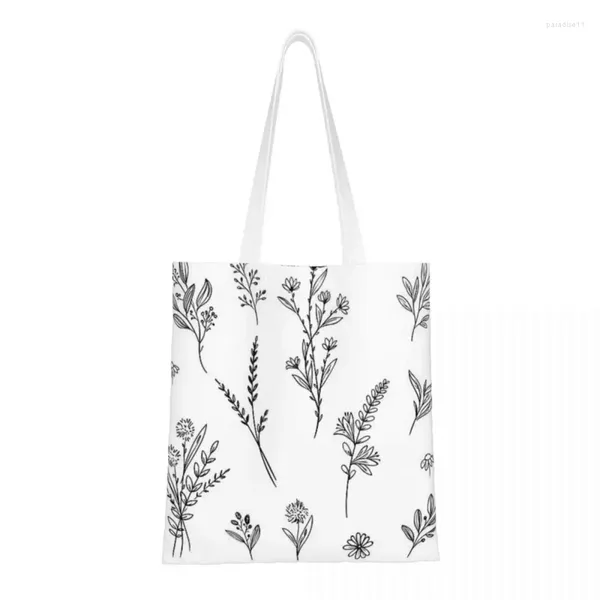 Bolsas de compras Bolsa de pegatinas de flores silvestres dibujadas a mano Bolsa de lona plegable para mujer Bolso de viaje informal