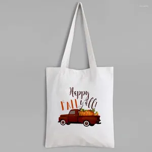 Bolsas de compras felices otoño!Camión vintage de dibujos animados de lienzo con calabazas ecológicas de productos ecológicos para mujeres reutilizables