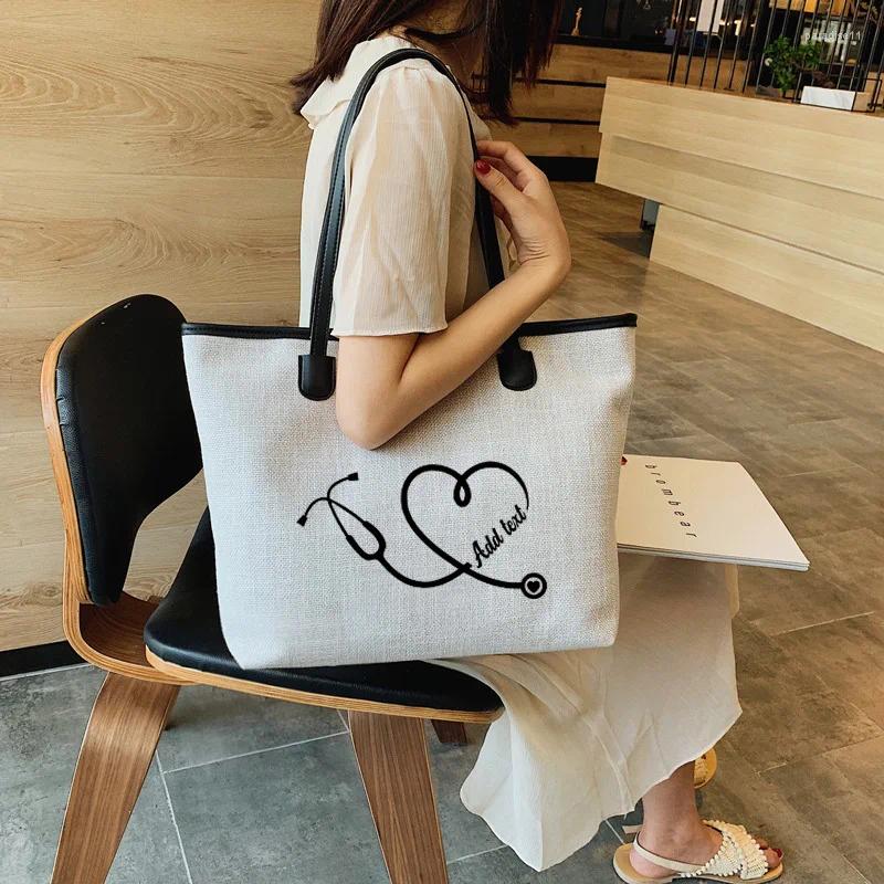 Shopping Bags Heart Stethoscope Customize Letters Gift For Wife Mom Tote Work Bag Funny Printed Women Canvas Beach Handbag