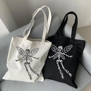 Sacs à provisions Hip-hop Punk Vintage Ins Women Sac à épaule Harajuku Butterfly Skull Print Canvas Gothic mode