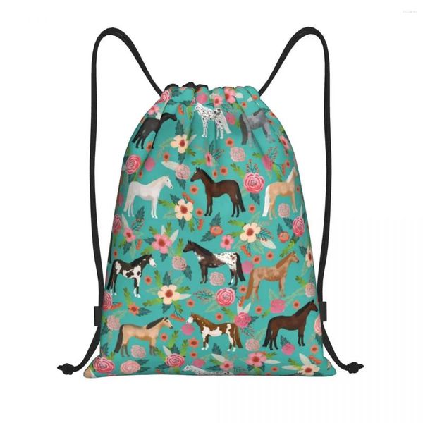 Bolsas de compras Caballos Floral Drawaplet Mochila Mujeres Men Gym Sport Sackpack plegable Raras de caballos Petal