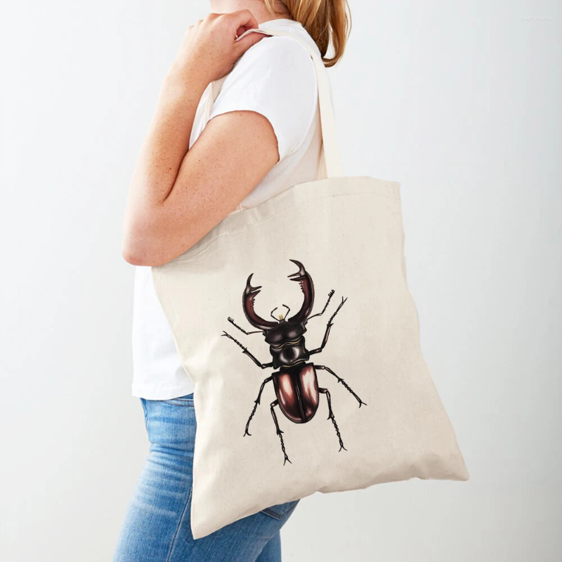Alışveriş çantaları böcek böcek koleksiyonu sıradan kadınlar karikatür hayvan bezi her iki taraflı tuval süpermarket alışveriş çantası çanta çanta