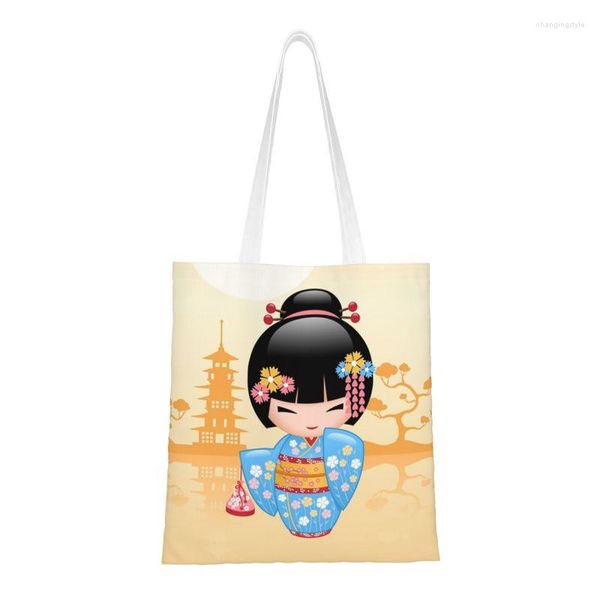 Sacs à provisions japonais Maiko Kokeshi poupée sac femmes épaule toile fourre-tout Portable mignon Girly vecteur Geisha épicerie Shopper