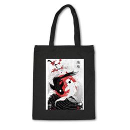 Boodschappentassen Japanse stijl canvas tas Katoen Hoge kwaliteit Zwarte Unisex Handtas met visprint Aangepaste stof Bolsas De Mano309W