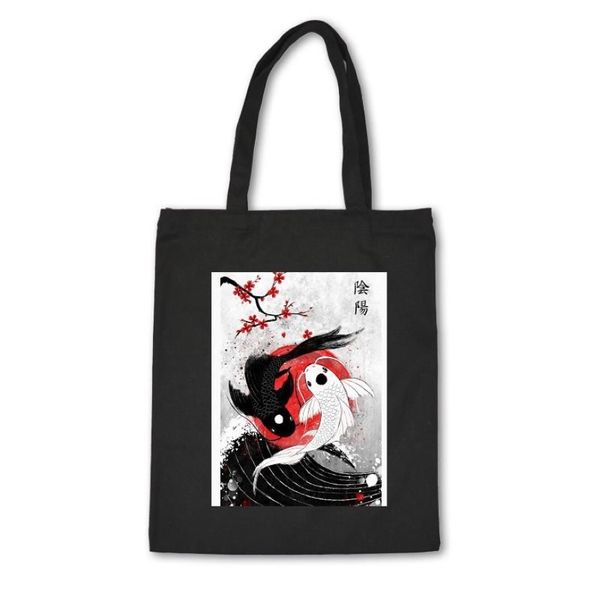 Bolsas de compras Bolsa de lona de estilo japonés Algodón Bolso unisex negro de alta calidad con estampado de peces Bolsas de tela personalizadas de Mano213L