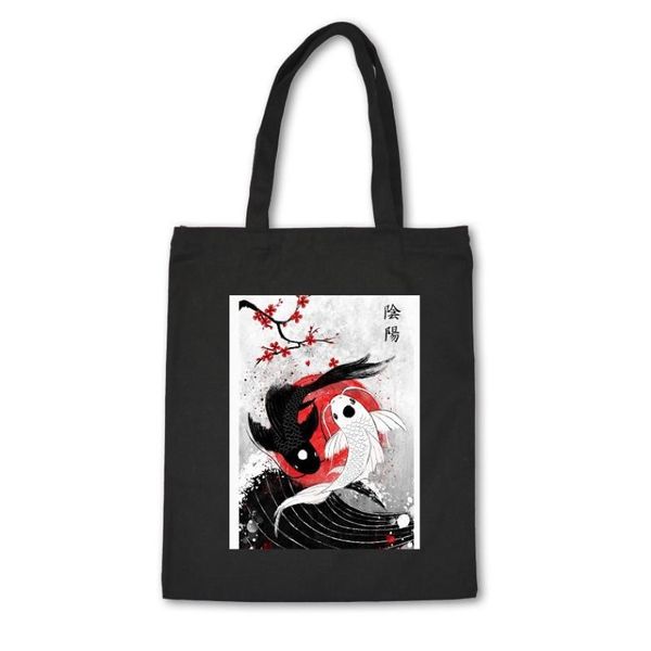 Bolsas de compras Bolsa de lona de estilo japonés Algodón Bolso unisex negro de alta calidad con estampado de peces Bolsas de tela personalizadas De Mano309W