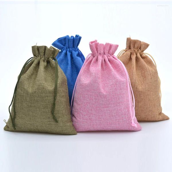 Bolsas de compras Jute de arpillera con cordón para dulces jabón hecho a mano 15x20cm empaquetado de joyería favorita de la boda bolsita de lino 50 piezas