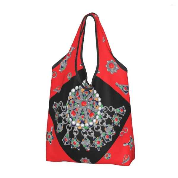 Bolsas de compras Kabyle Joyería Comestibles Divertido Shopper Hombro Tote Bolsa Gran Capacidad Portátil Amazigh Alfombra Marruecos Bolso