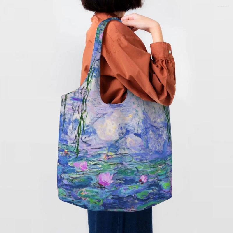 Shopping Bags Kawaii Claude Monet Water Lilies Tote Bag Recycling Garden Paintings Groceries Canvas Shopper Shoulder Handbag