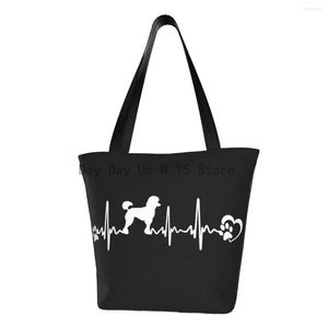 Shopping Bags Kawaii Caniche Heartbeat Tote Bag Recycling Cute Pudel Caniche Dog Canvas Groceries Shoulder Shopper