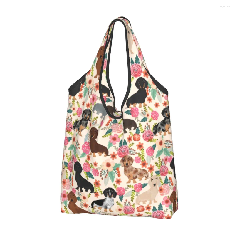 Alışveriş Çantaları Kawaii Baskı Dachshund Çiçek Köpek Desenleri Tote Taşınabilir Omuz Alışveriş Porsuğu Badger Sosis Çanta
