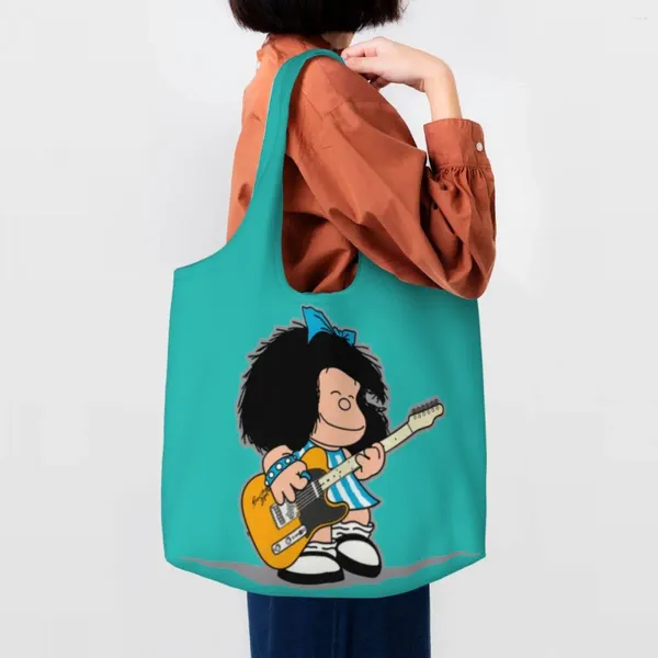 Sacs de courses Kawaii imprimés Mafalda jouant de sa guitare, fourre-tout en toile réutilisable, sac à main à bandoulière de dessin animé Quino