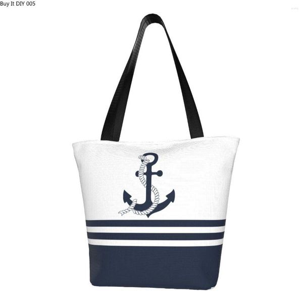 Bolsas de compras Kawaii Print Nautical Blue Anchors Stripes Tote Bag Lona portátil Shopper Hombro Vela Marinero Bolso