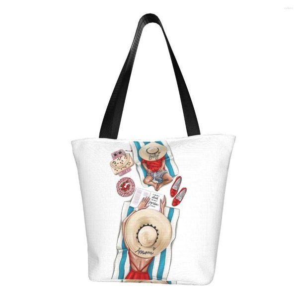 Bolsas de compras Kawaii Print Super Mama Tote Reutilizable Lona Hombro Shopper Moda Lady Dibujos animados Mamá y Bebé Bolso