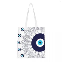 Boodschappentassen Kawaii Afdrukken Marineblauw Wit Mediterrane Boze Oog Draagtas Wasbare Canvas Shopper Schouder Boheemse Boho Handtas