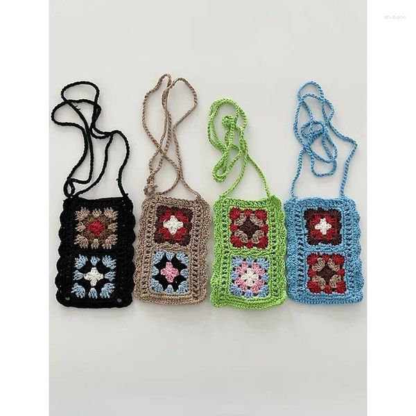 Bolsas de compras Versión coreana Mano Crochet Pequeño bolso de hombro DIY Abuela Gebohemian Hollow Teléfono móvil Verano Versátil Cuadros