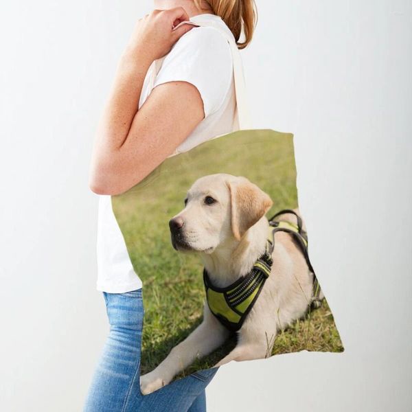 Bolsas de compras Labrador Perro Mujeres Shopper Bag Lindo Pet Animal Lienzo Doble Cara Casual Lady Hombro Viaje Tote Bolso